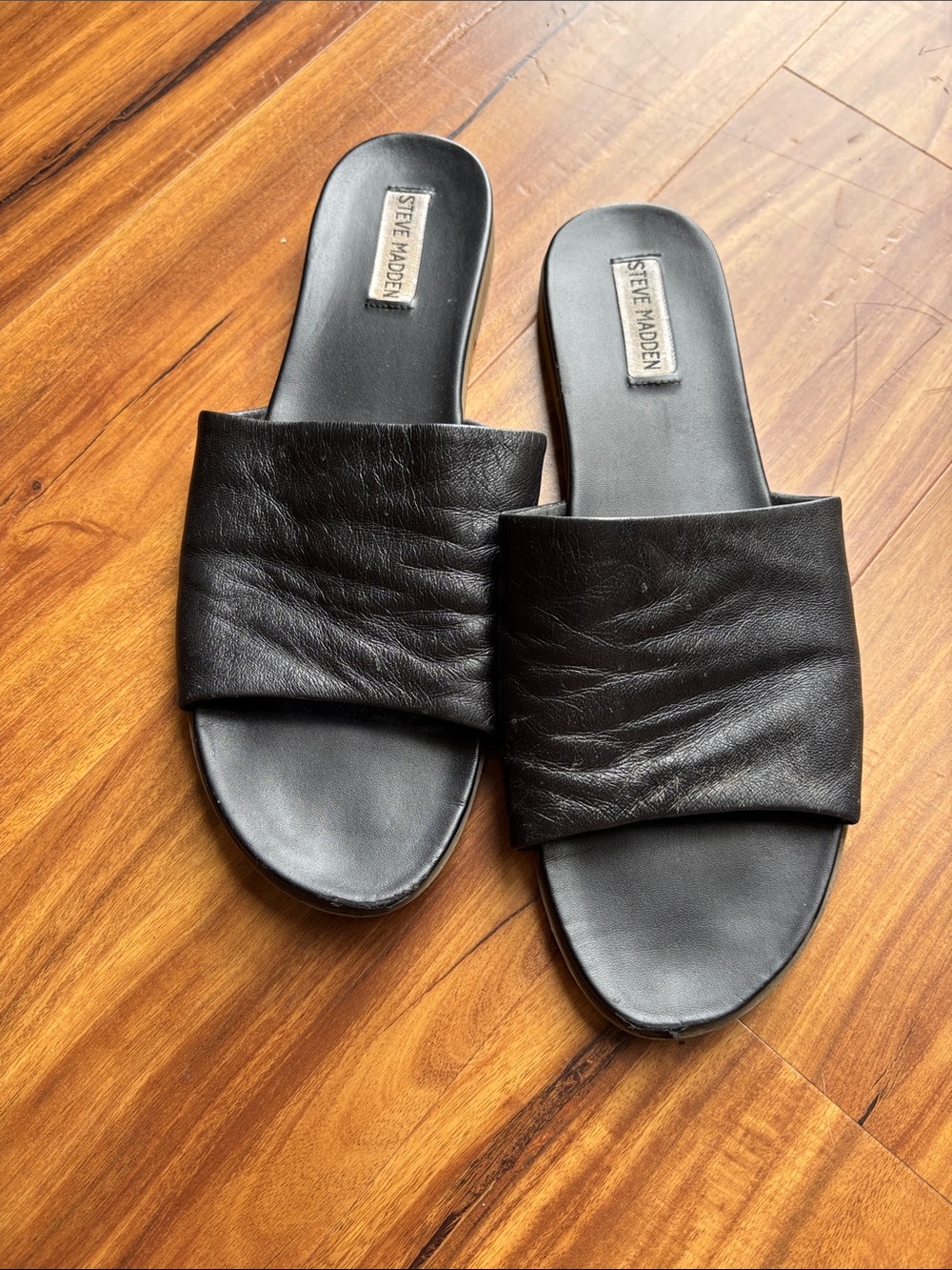 Steve Madden Black Wide Strap Slide Sandals